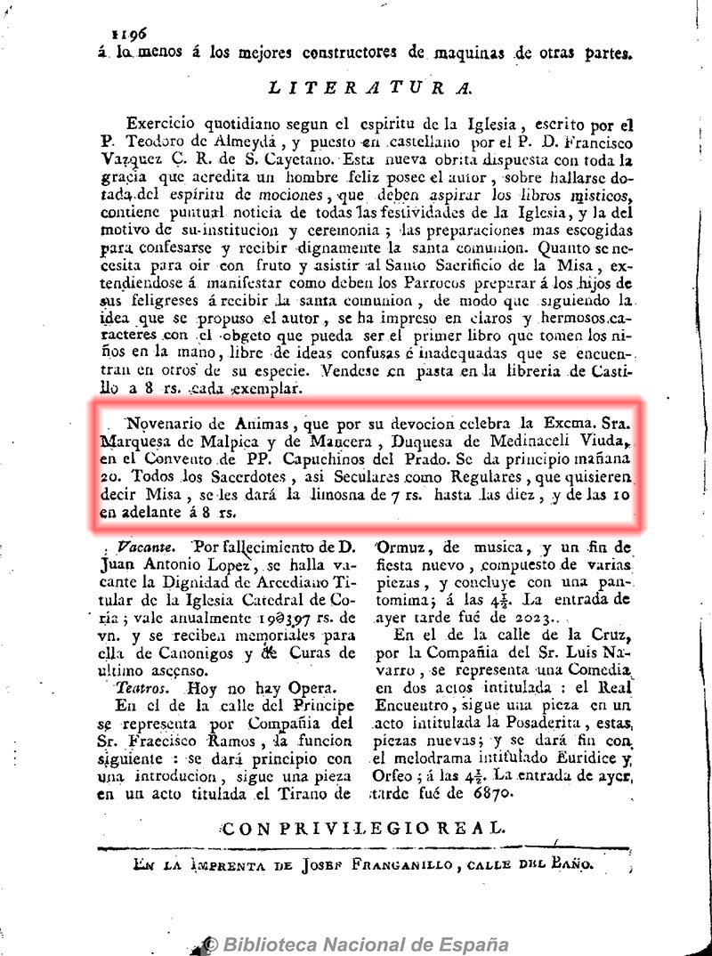 Diario de Madrid 19/10/1794_página 3. Misa de ánimas en honor de los familiares de la marquesa de Malpica
