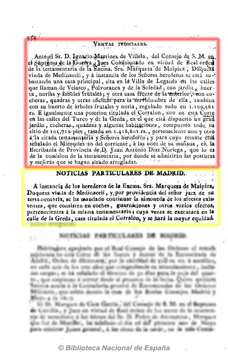 Diario de Madrid 10/5/1807, página 2. Subasta testamentaria de parte de la herencia de la Sra Marquesa de Malpica