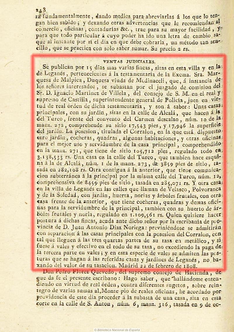 Diario de Madrid 25/2/1808, página 4. Segunda subasta testamentaria de parte de la herencia de la Sra Marquesa de Malpica