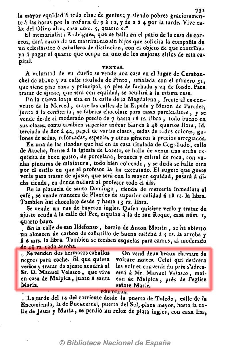 Diario de Madrid 28/12/1811 página 3. Venta de dos caballos en la casa de Malpica
