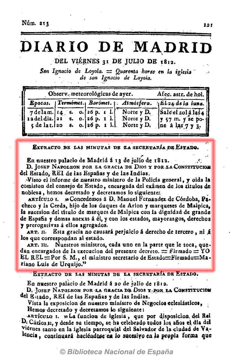 Diario de Madrid 28/12/1811 página 3. Venta de dos caballos en la casa de Malpica