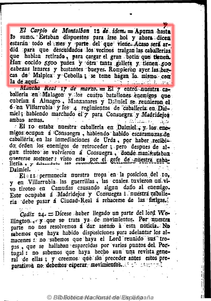 El Conciso (Cádiz) 25/3/1813, página 7. Parte de la guerra de la Independencia