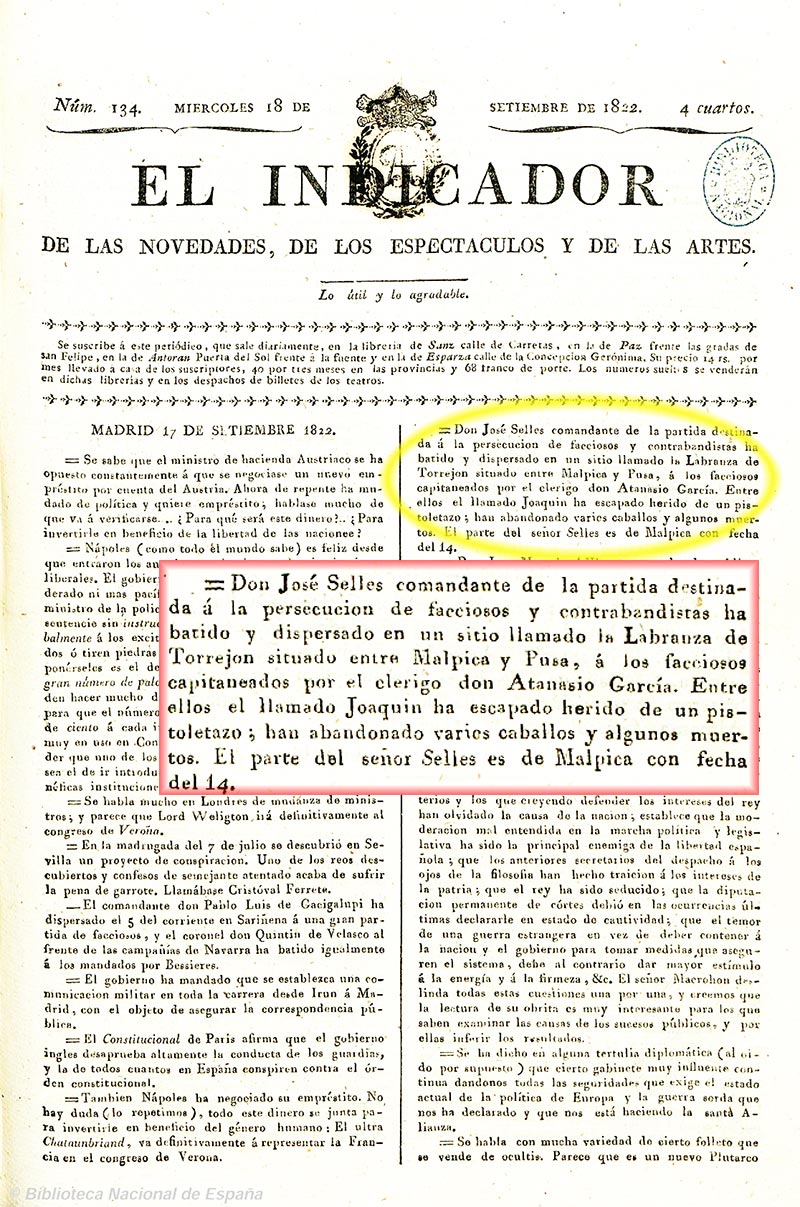 El Indicador de los espectáculos y del buen gusto 18/9/1822, n.º 134, página 1. Enfretamiento de la Guerra carlista en el Torrejon.