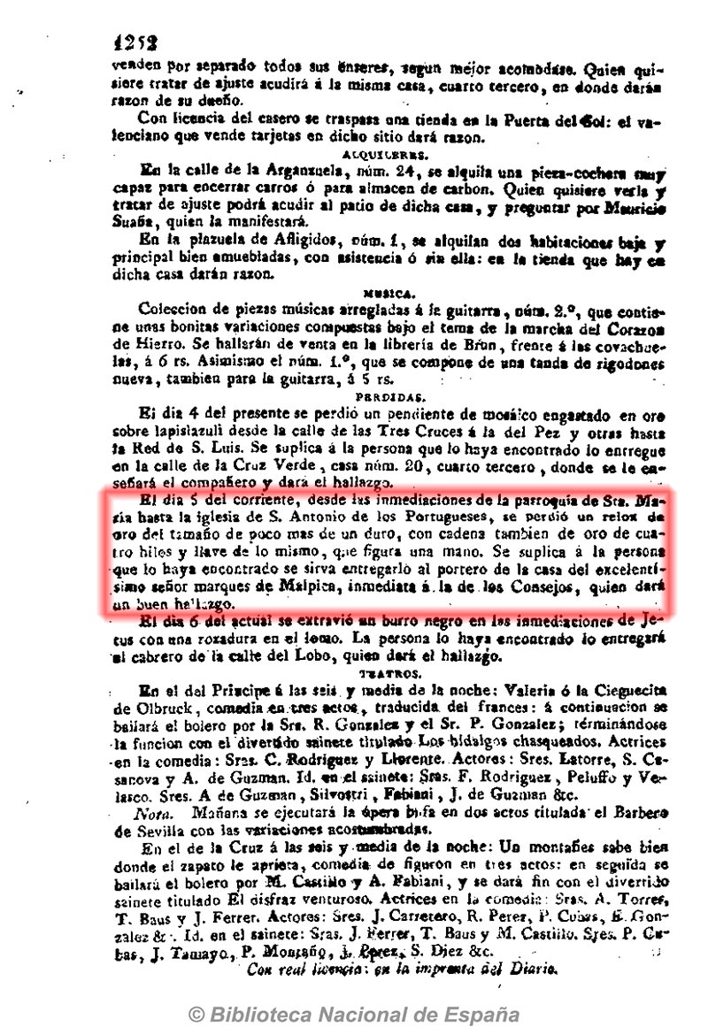 Diario de avisos de Madrid 9-11-1826, _página 4. Pérdida de un reloj de oro
