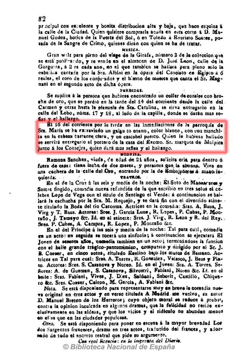 Diario de avisos de Madrid 21-1-1828, página 4. Perdida de un galgo.