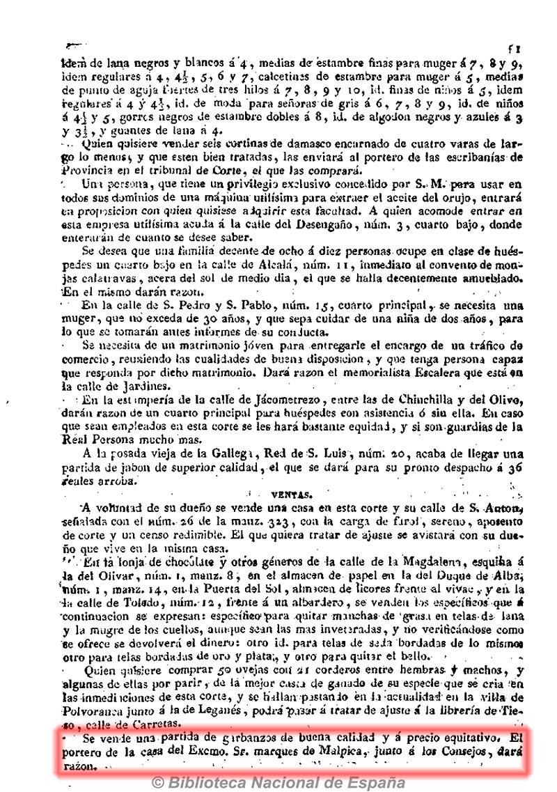 Diario de avisos de Madrid 13/1/1830, página 3. Venta de una partida de buenos garbanzos en la casa del marqués de Malpica