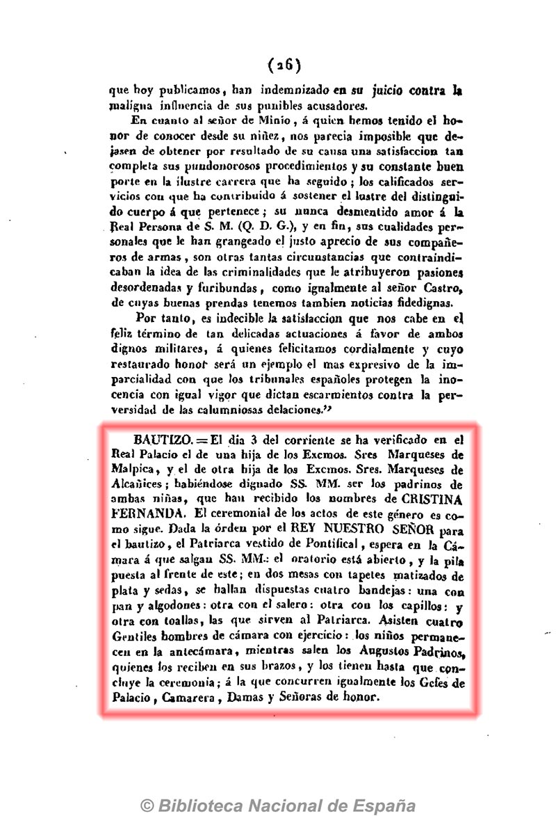 El Correo 16/12/1831, n.º 537, página 2. Bautizo de una de las hijas de los marqueses de Malpica.