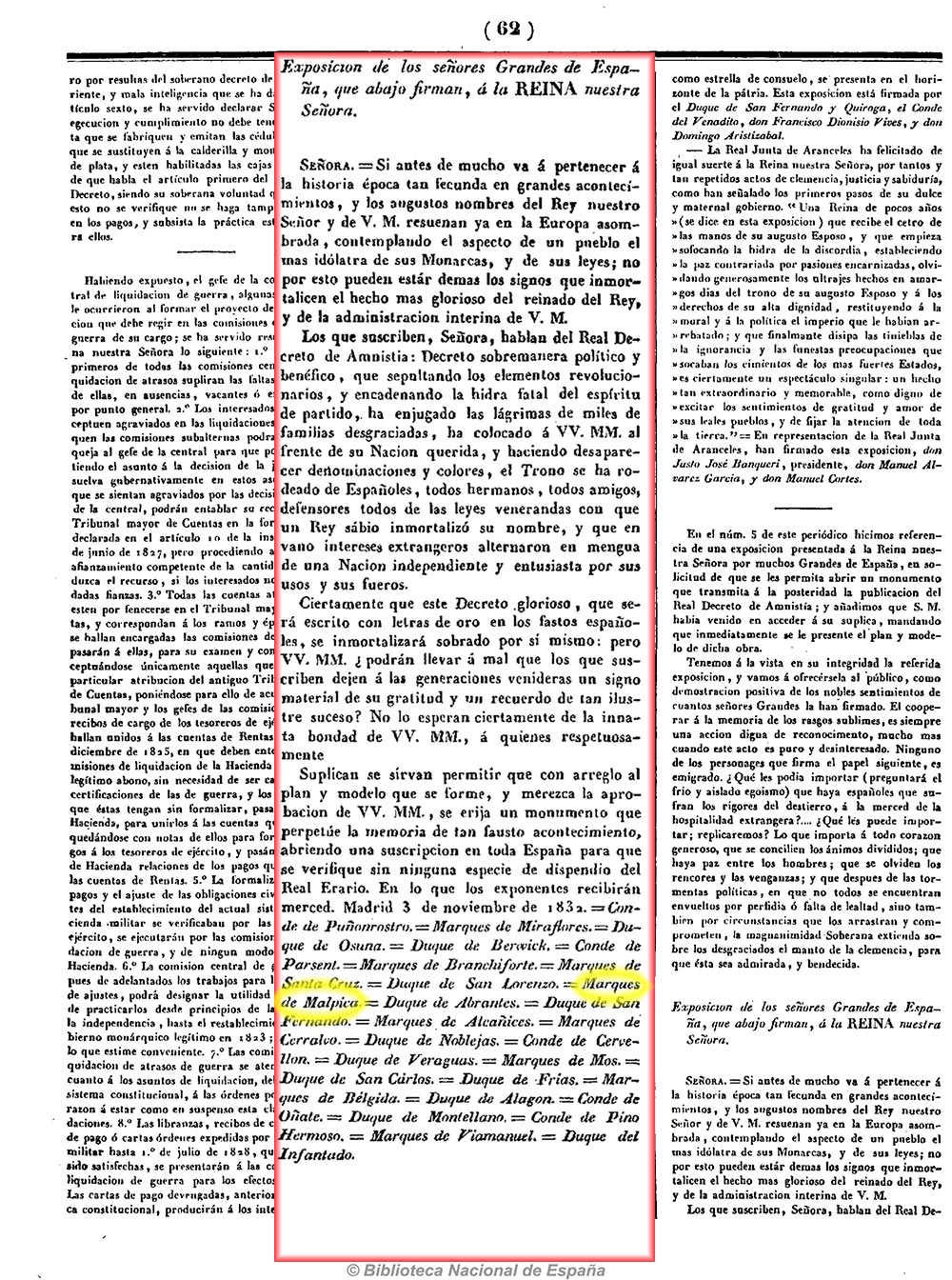 Elogio a la reina María Cristina por el decreto de amnistia. La Revista española 1/12/1832, página 6 y 7