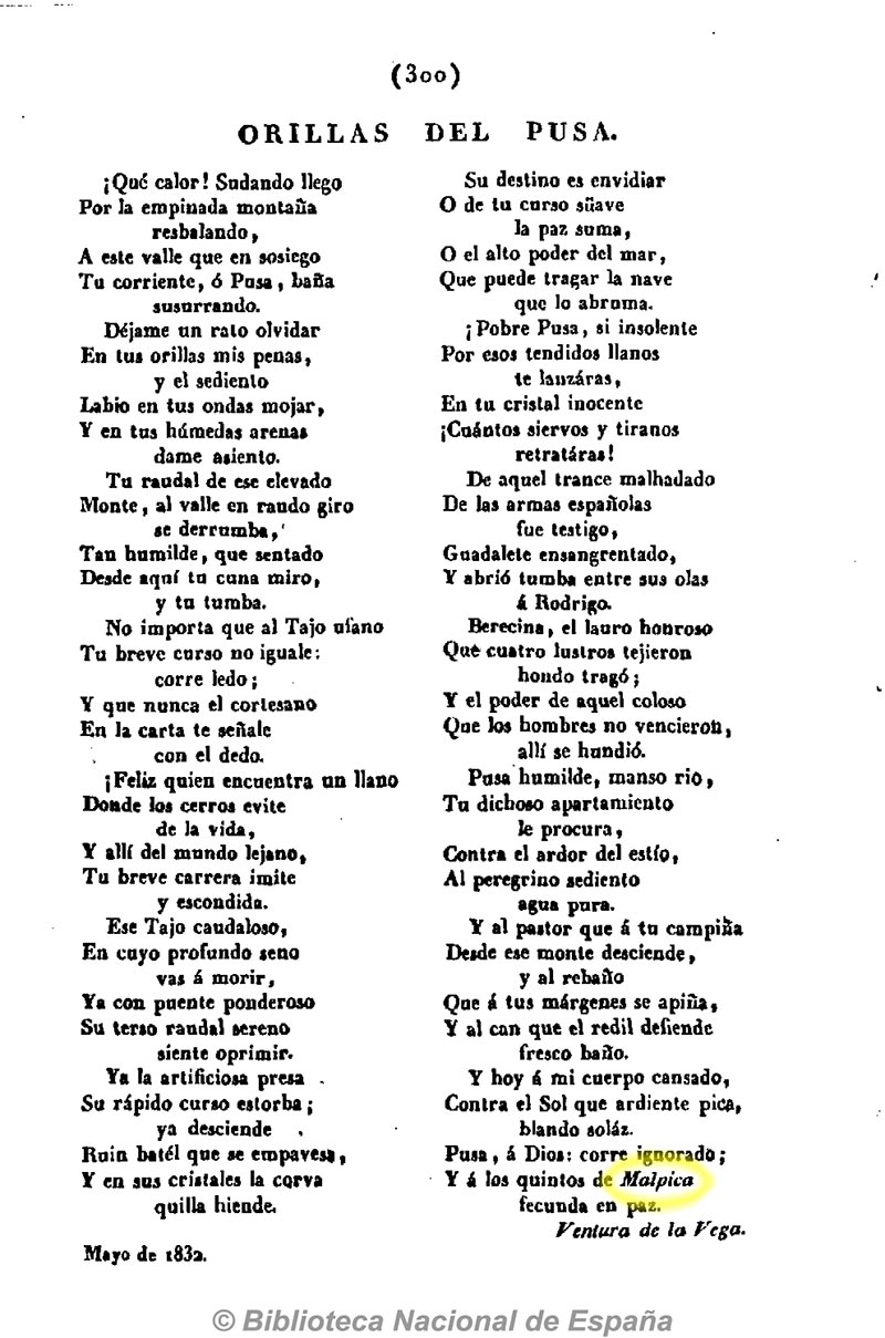 Cartas españolas 28/6/1832, página 306. Poema de Ventura de la Vega sobre el Pusa