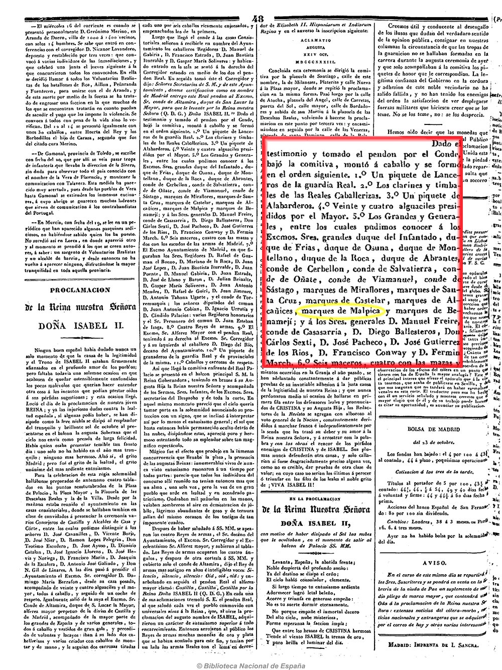 La Revista española 25/10/1833, página 4. Presencia del marqués de Malpica en la cabalgata del desfile de proclamación de la reina Isabel II