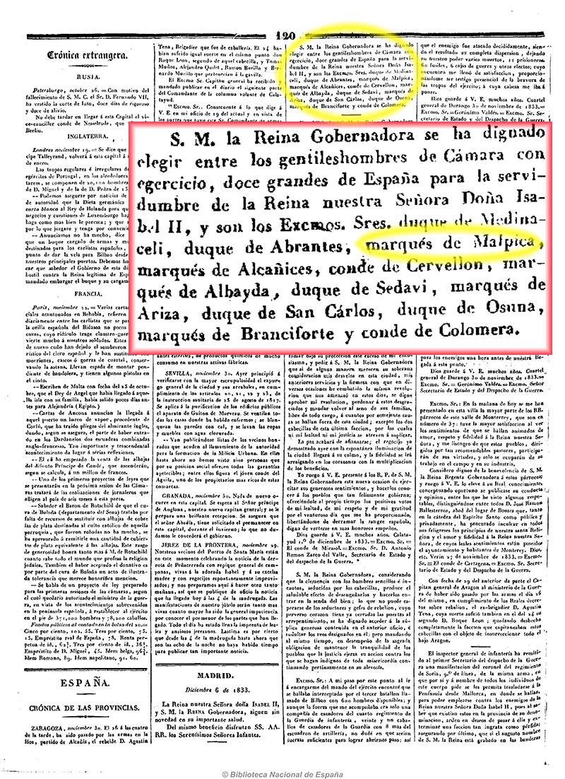 La Revista española 6/12/1833, página 2. Nombramientos por la reina regente María Cristina de la servidumbre de la reina Isabel II