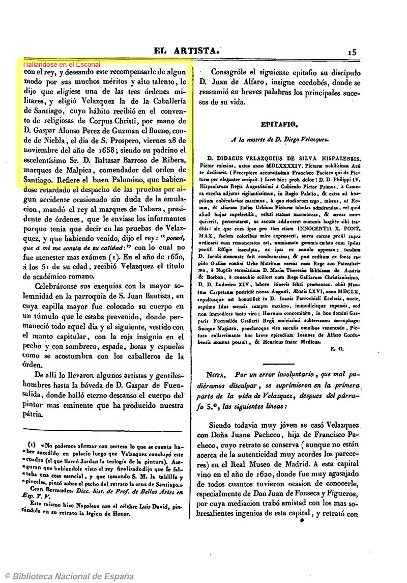 El Artista 1/1/1834, página 21. Admisión de Velazquez en la orden De Santiago