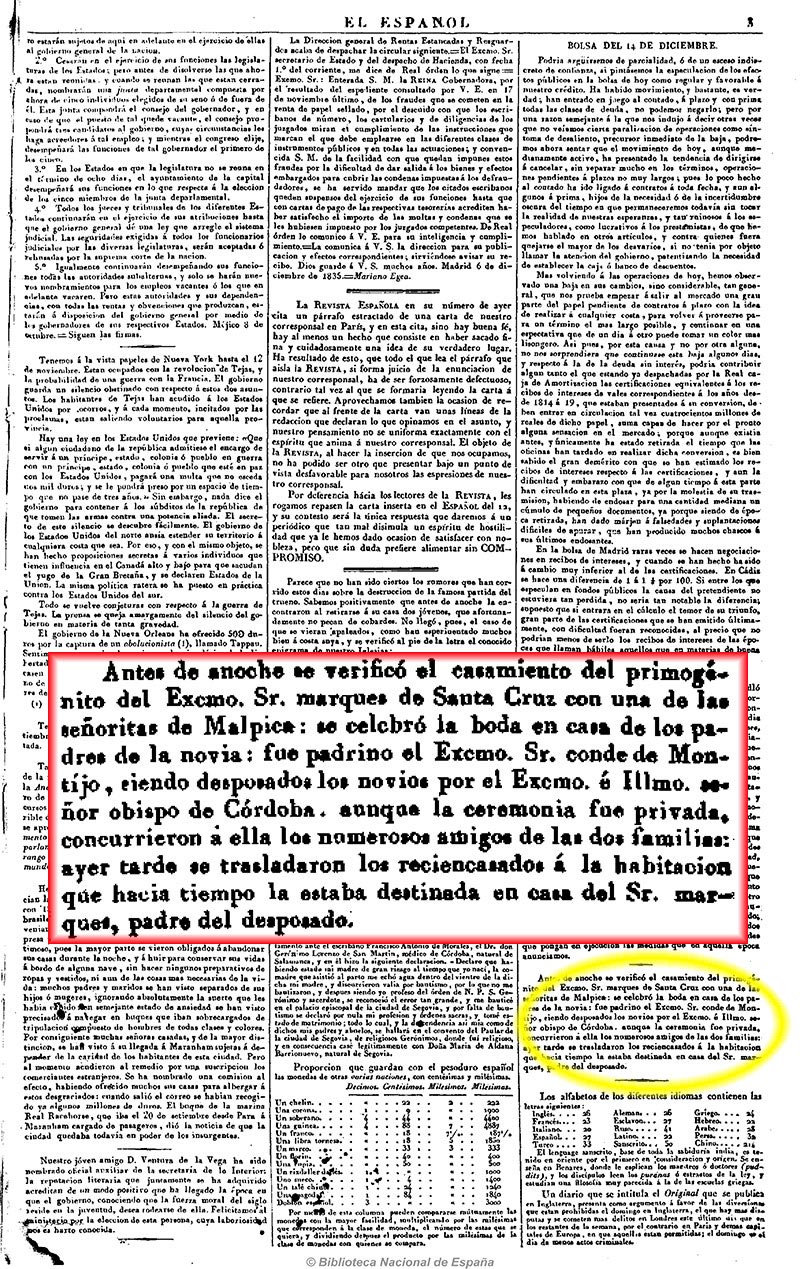 El Español (Madrid. 1835). 15/12/1835, n.º 45, página 3. Enlace de una de las hijas del marqués de Malpica