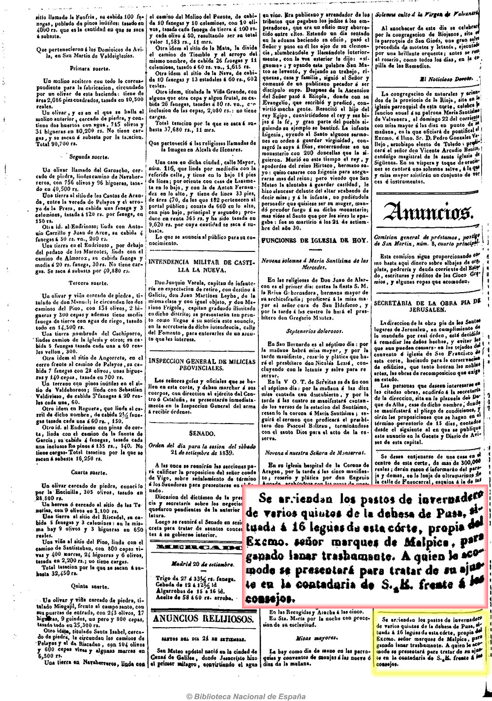 Diario de avisos de Madrid 1839_9_21_arriendopstosPusa