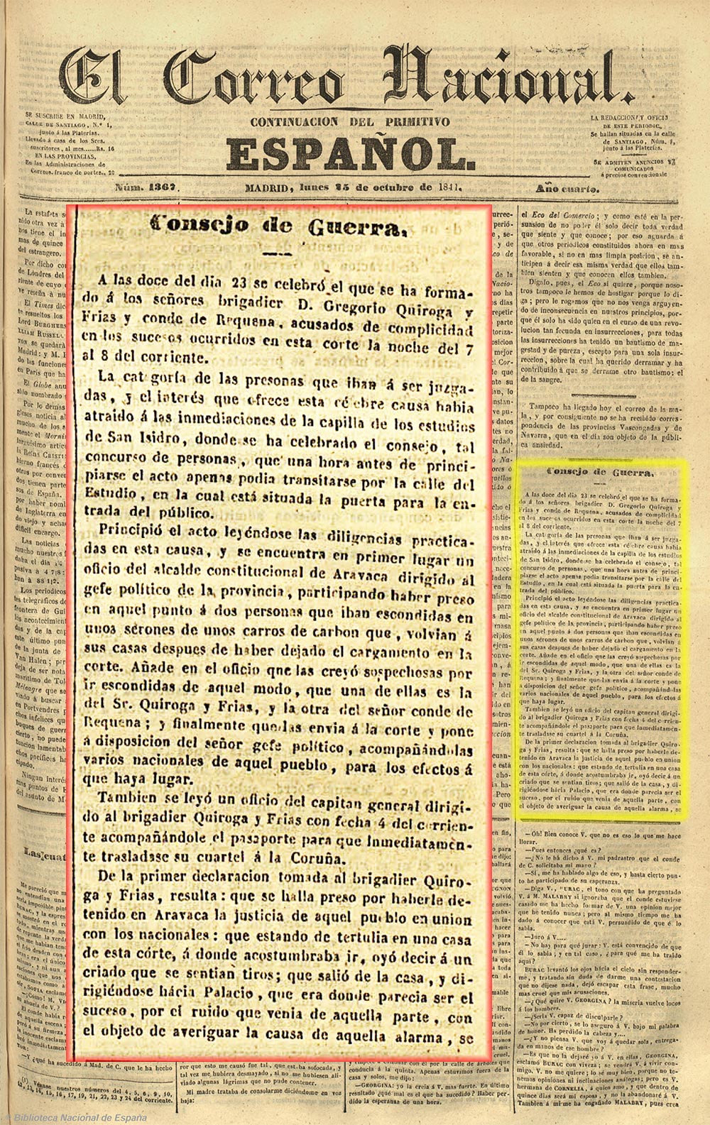 Consejo de guerra sobre los sucesos del 7 de octubre (asalto al Palacio Real). El correo nacional 25-10-1841, página 1