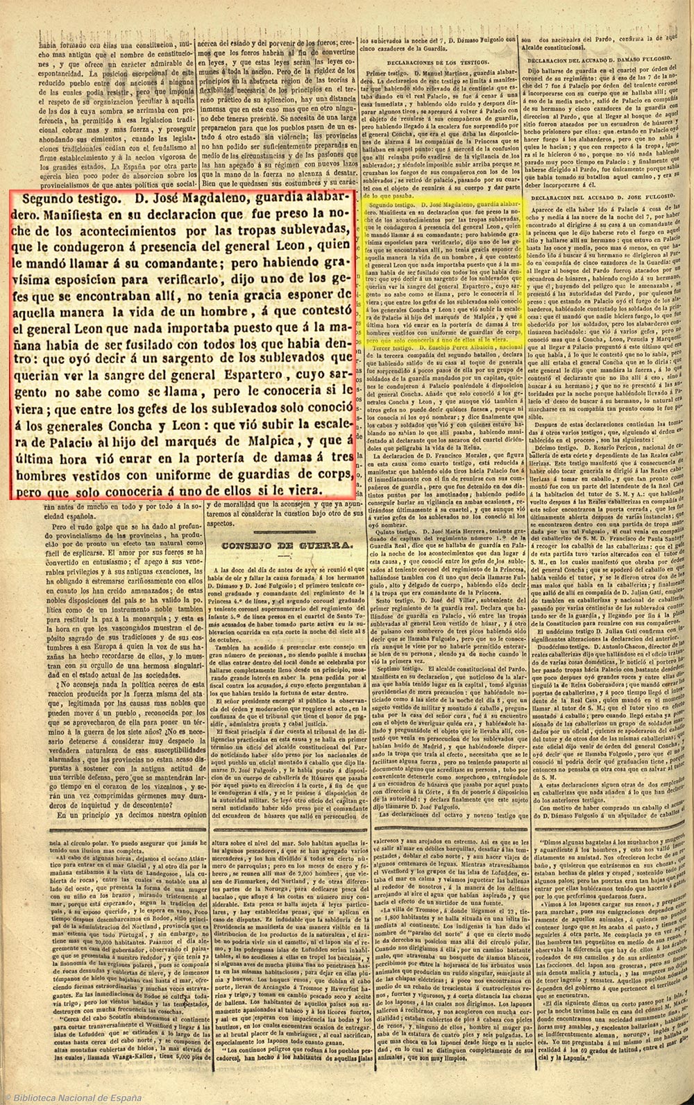 Consejo de guerra sobre la causa de D. Dámaso y D. José Fulgosio sobre los sucesos del 7 de octubre (asalto al Palacio Real). El correo nacional 1-11-1841, página 1/2