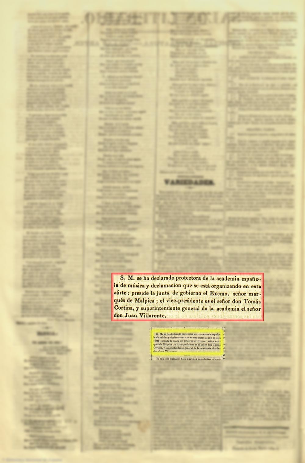 El Corresponsal 28/1/1844, página 4. Organización para la creación de una academia de canto y declamacion