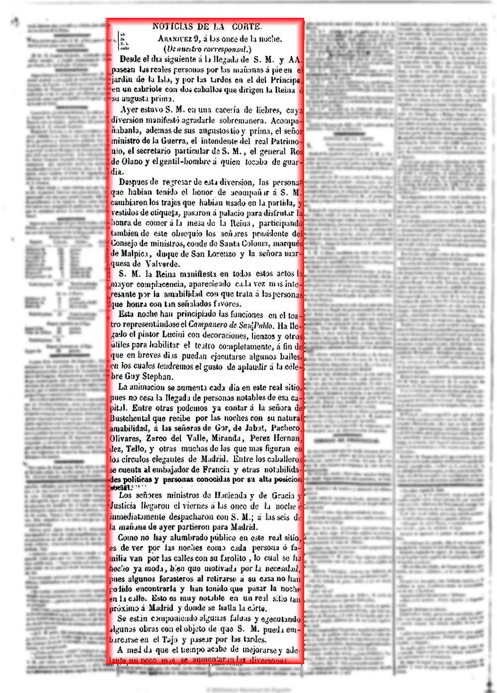 Noticias de la Corte.— Diario de Madrid, 9-5-1847 