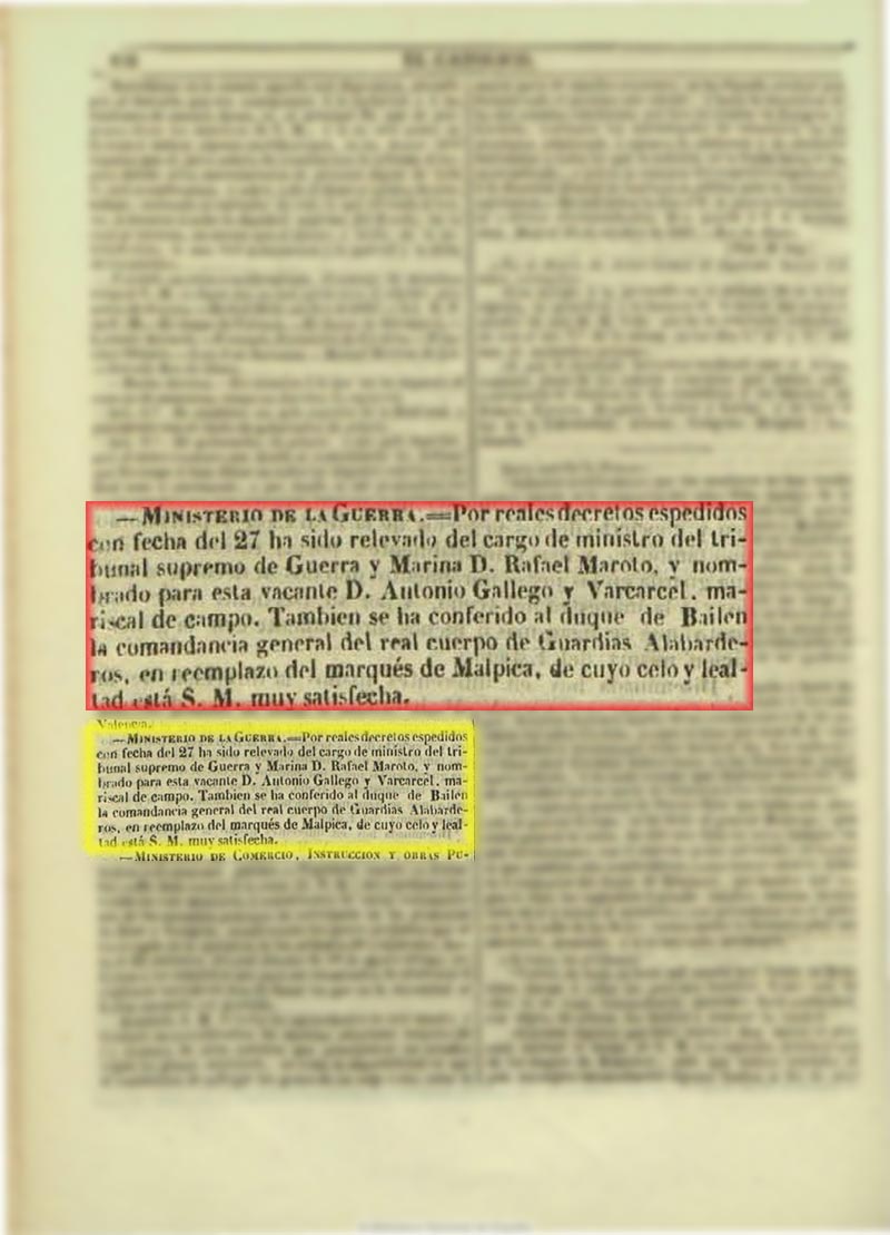 El Católico 29/10/1847. nuevo relovo al mando del cuerpo de los alabarderos reales