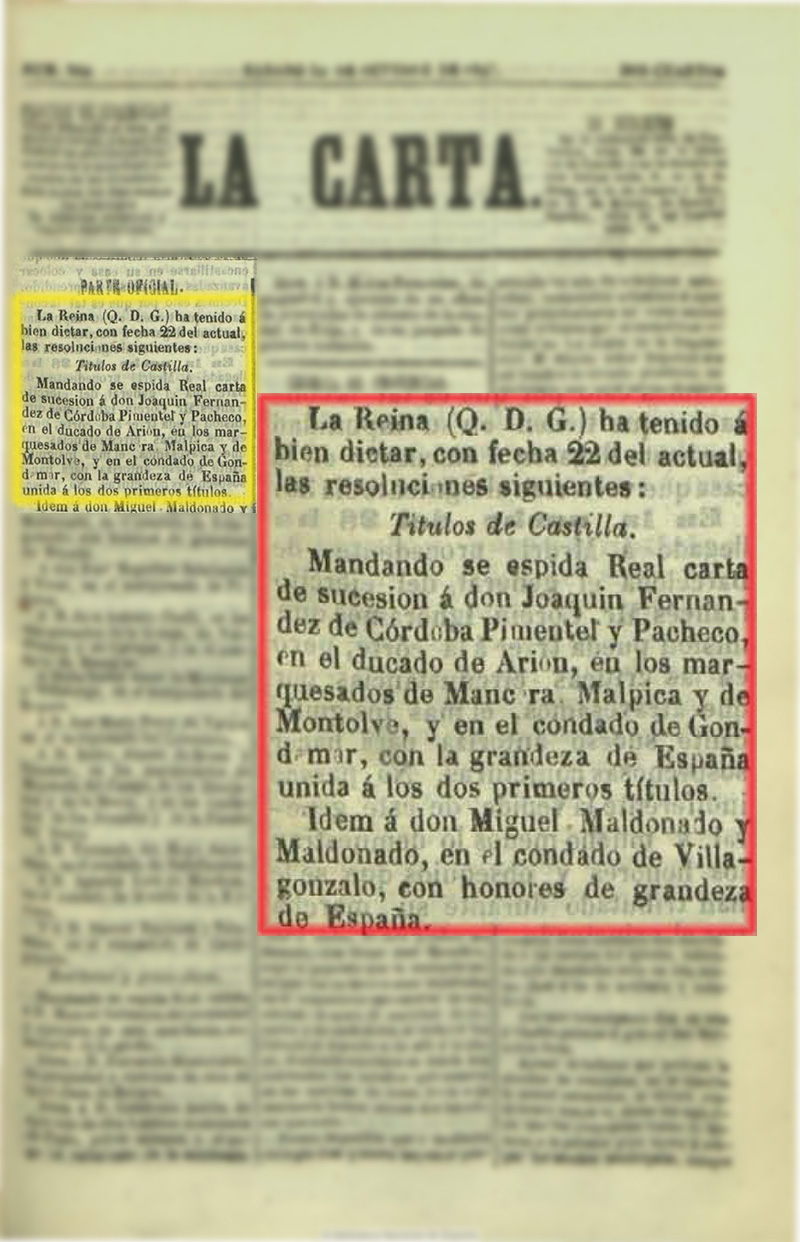 La Carta 30/10/1847. Carta de sucesión a favor de D. Joaquín Fernández de Córdoba y Pacheco