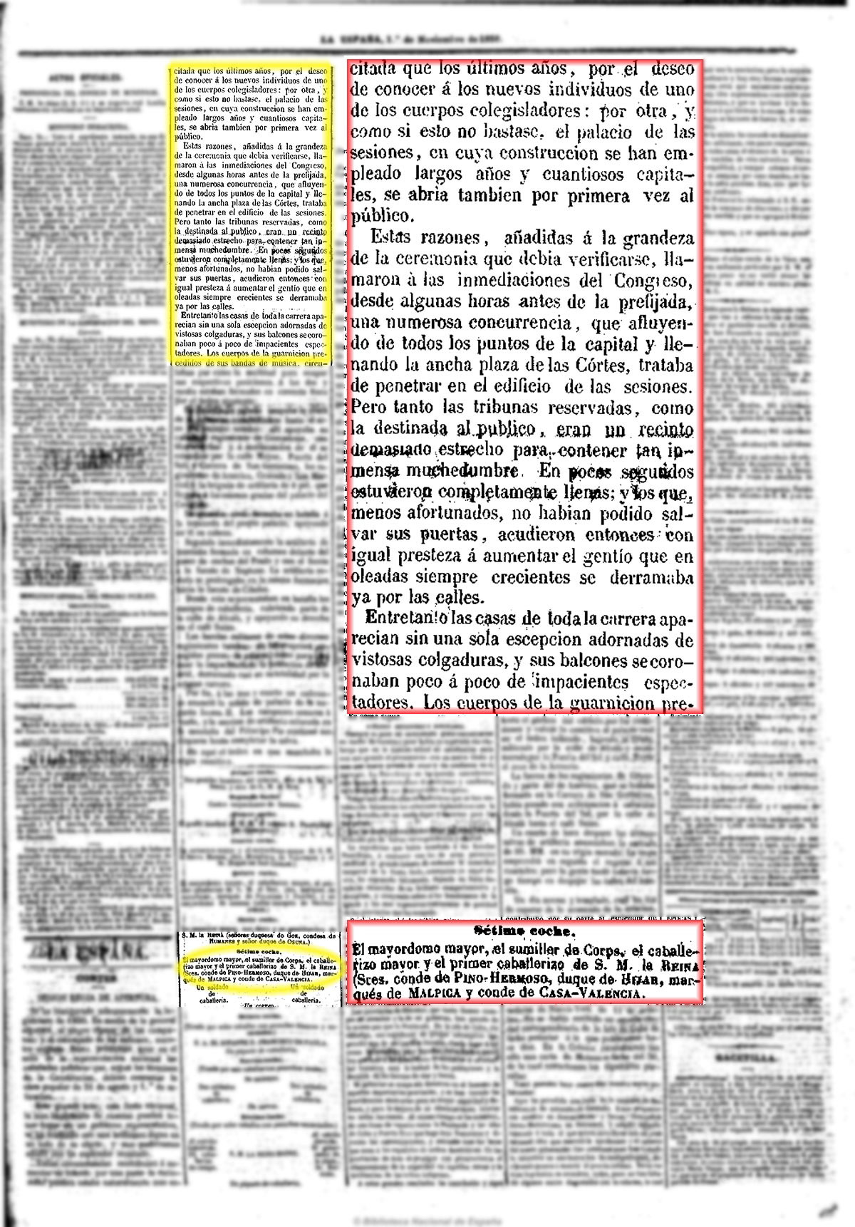 La España 1/11/1850, página 3. Inauguración del nuevo edificio de las Cortes. apertura de la sesión de 1850
