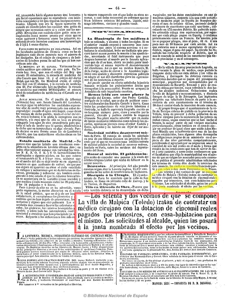 Boletín de medicina, cirugía y farmacia 23/2/1851. anuncio para el contrato de médico en Malpica 