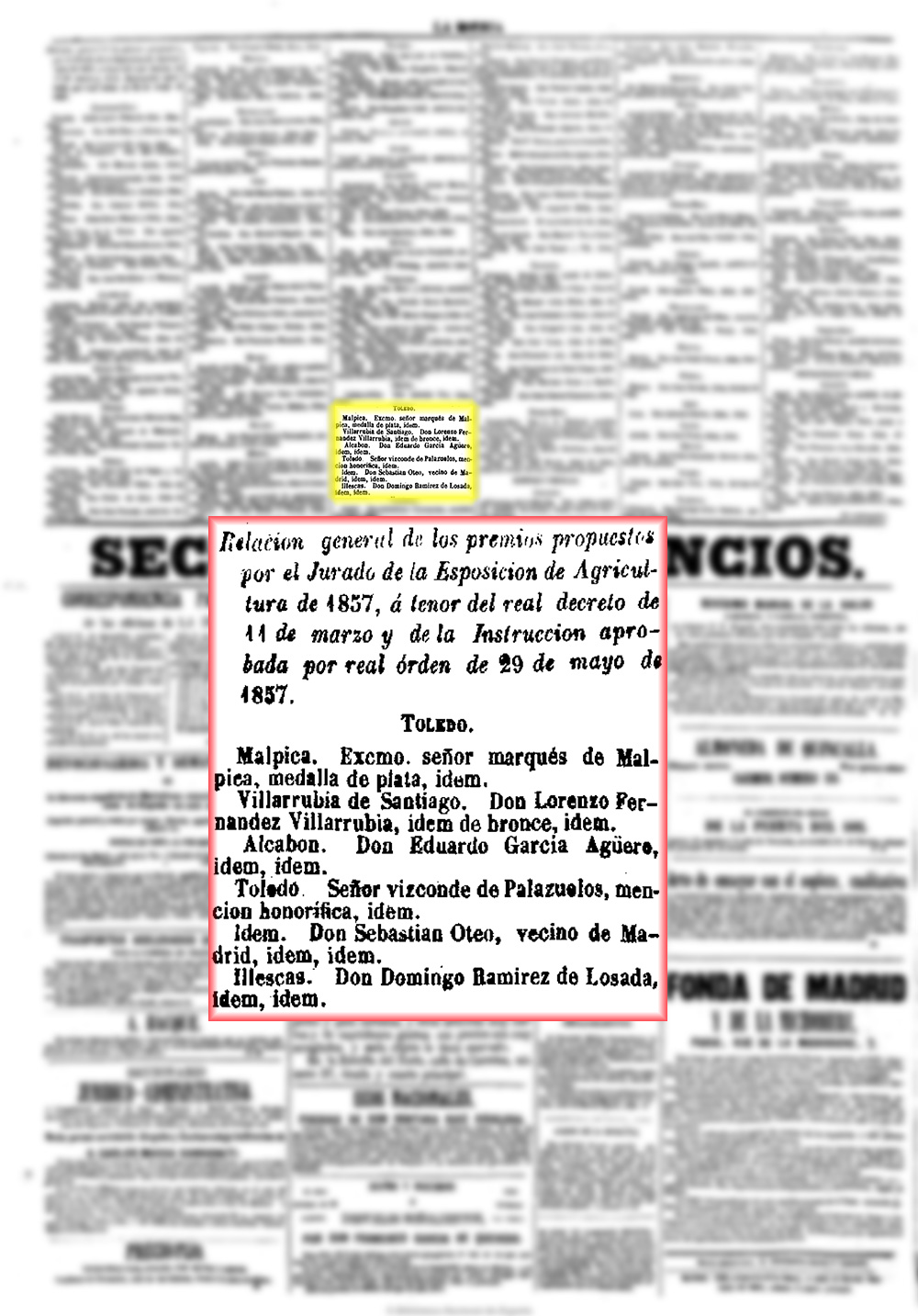  La Iberia 24/3/1858, página 4. Medalla de plata al aceite del marqués de Malpica 