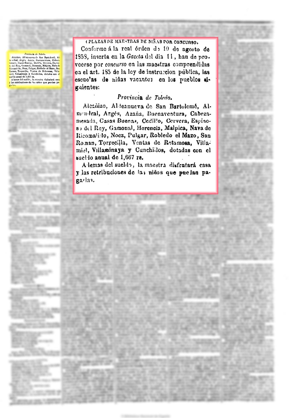 La Esperanza 12 4 1859, página 3. Concurso para la plaza de maestra de niñas en Malpica