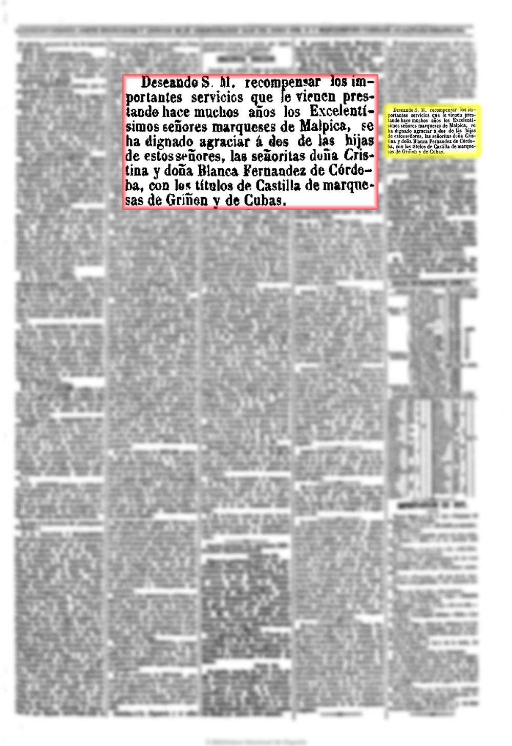 La Correspondencia de España 26/1/1862, n.º 1.323, página 3. Concesión de los marquesados de Cubas y Griñon a sendas hijas del marqués de Malpica