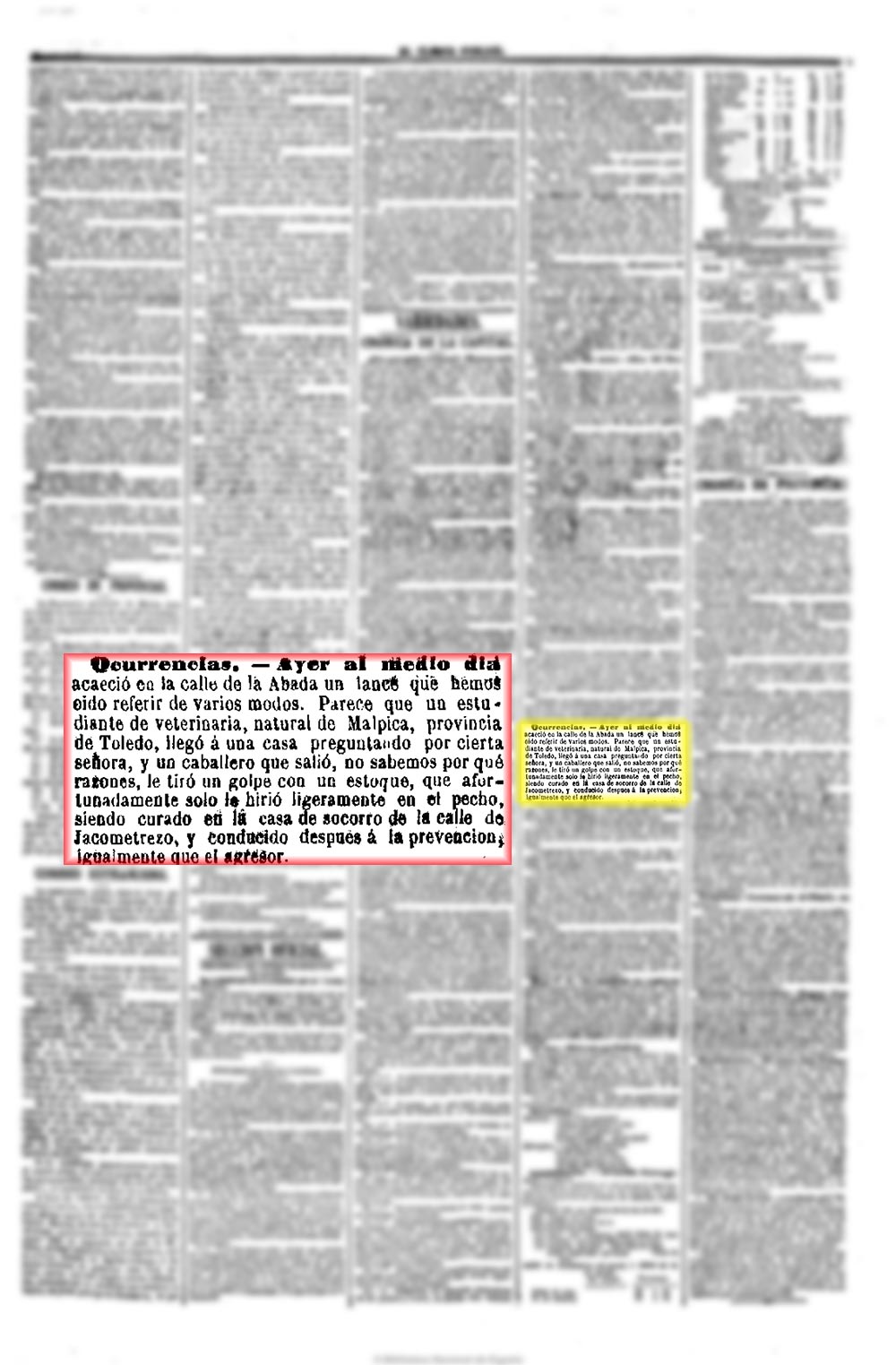El Clamor público 11/4/1863, página 3. Malpiqueño herido en Madrid