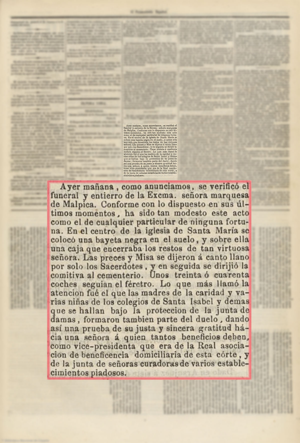 El Pensamiento español 8/5/1863, página 3. Entierro Doña María de la Encarnación Francisca de Asís Álvarez de las Asturias Bohórquez y Chacón, marquesa de Malpica