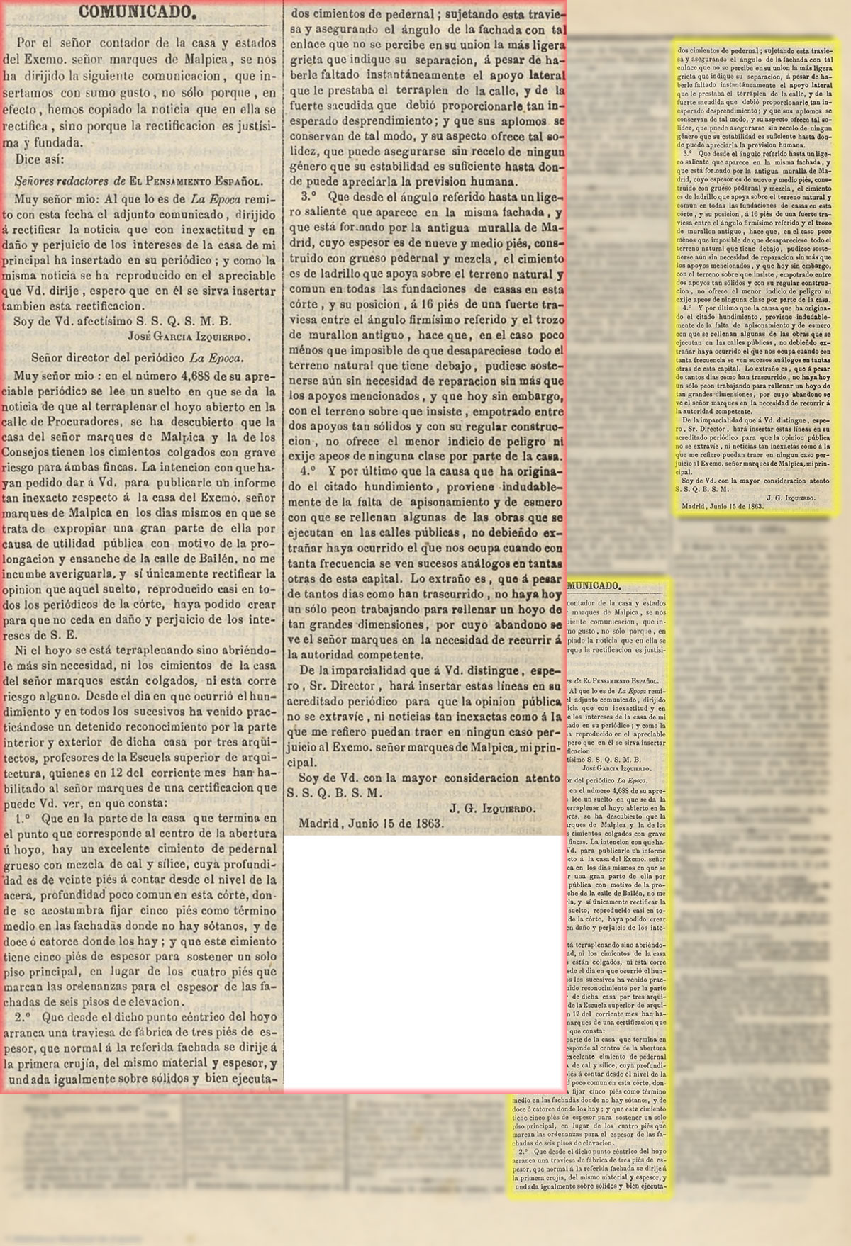 El Pensamiento español 11/6/1863, página 3. Un socabón en la calle Malpica. Rectificación