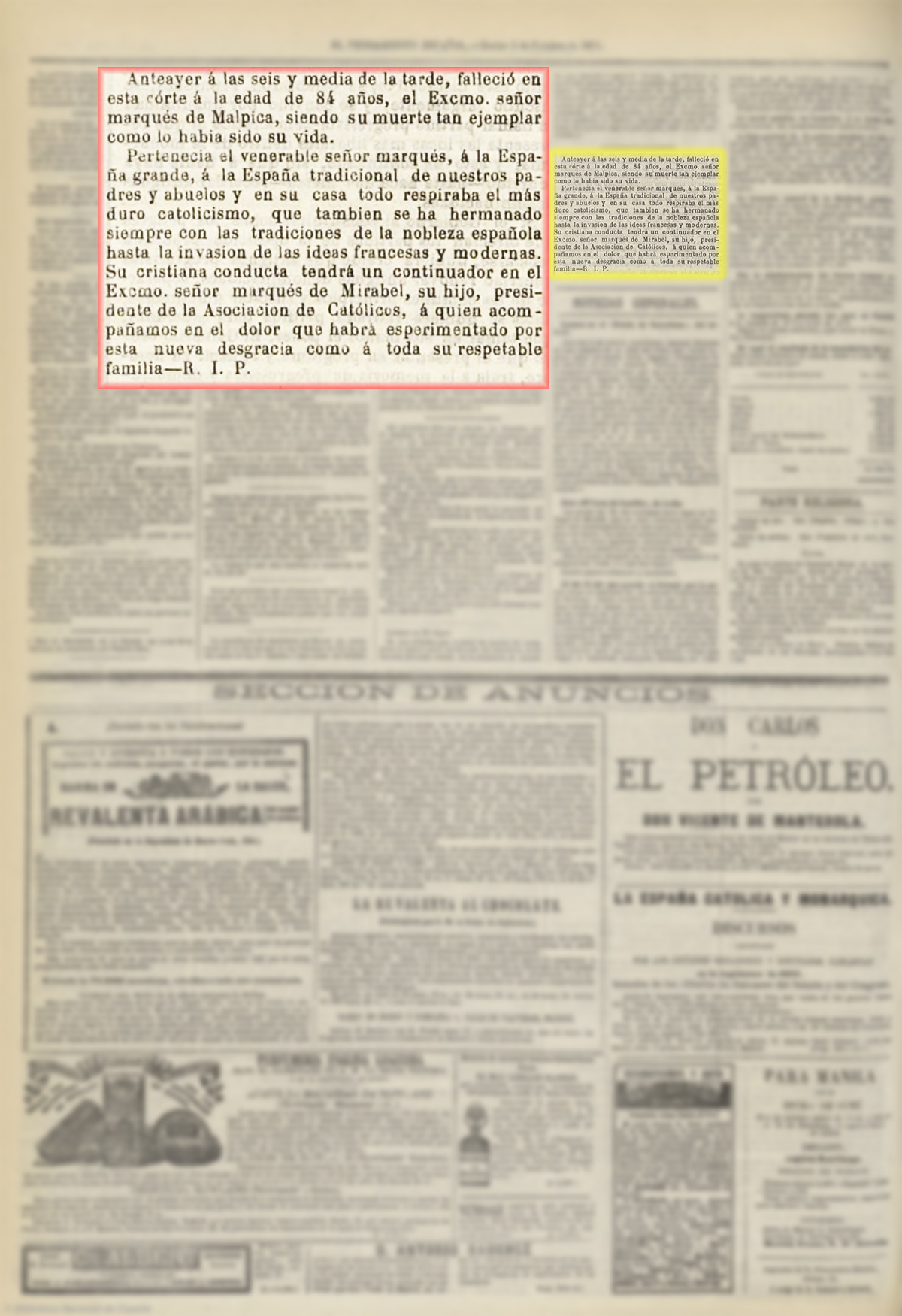 El Pensamiento español 3/10/1871, página 4. Fallecimiento del marqués de Malpica.