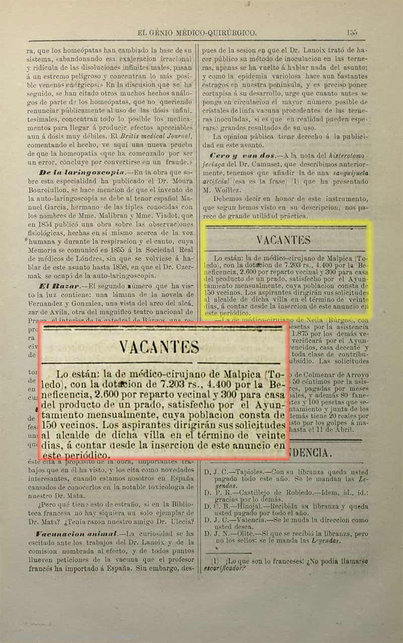 El Genio médico-quirúrgico. 15/3/1874, página 15. Vacante de la plaza de médico en Malpica de Tajo.