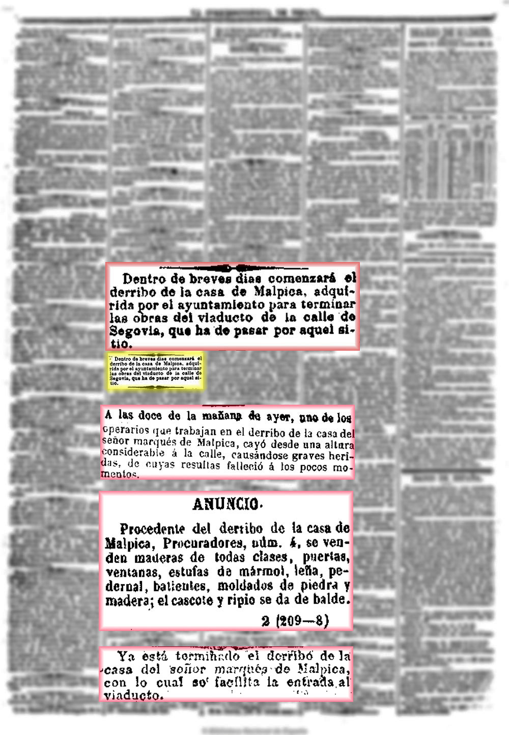 La Correspondencia de España, 4/7/1874, n.º 6.059, página 3, Anuncio de derribo del palacio del marqués de Malpica en Madrid.