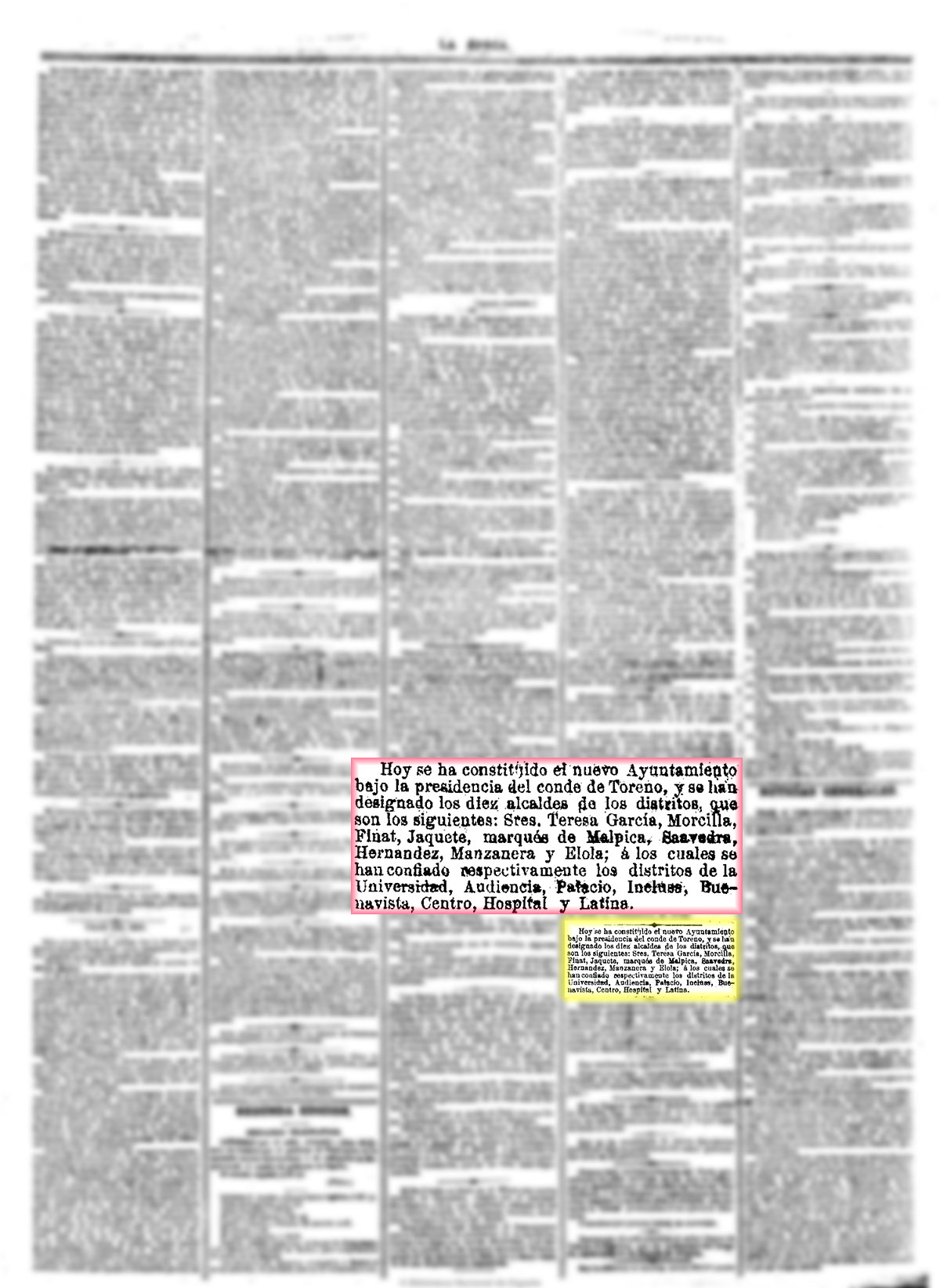 La Época, 8/1/1875, n.º 8.115, página 3, nombramiento del equipo de gobierno del Ayuntamiento de Madrid