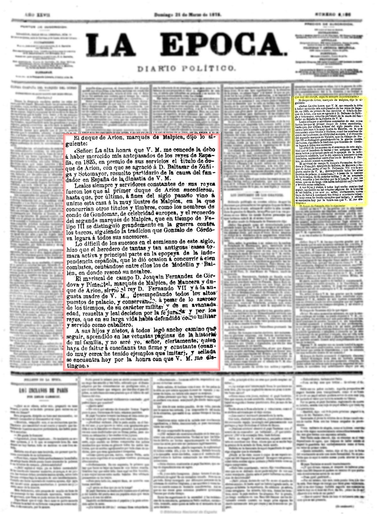La Época. 21/3/1875, n.º 8.186, página 1. Discurso de Investidura del marqués de Malpica como grande de España