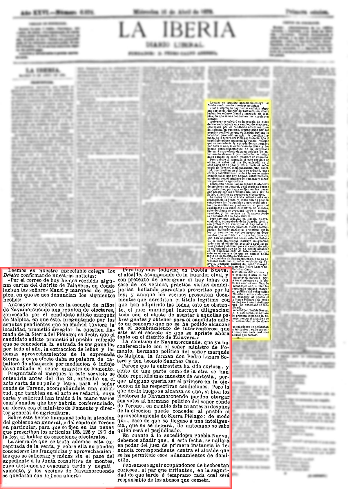 La Iberia 6/4/1879, página 1, de nuncia de prácticas electorales poco éticas.