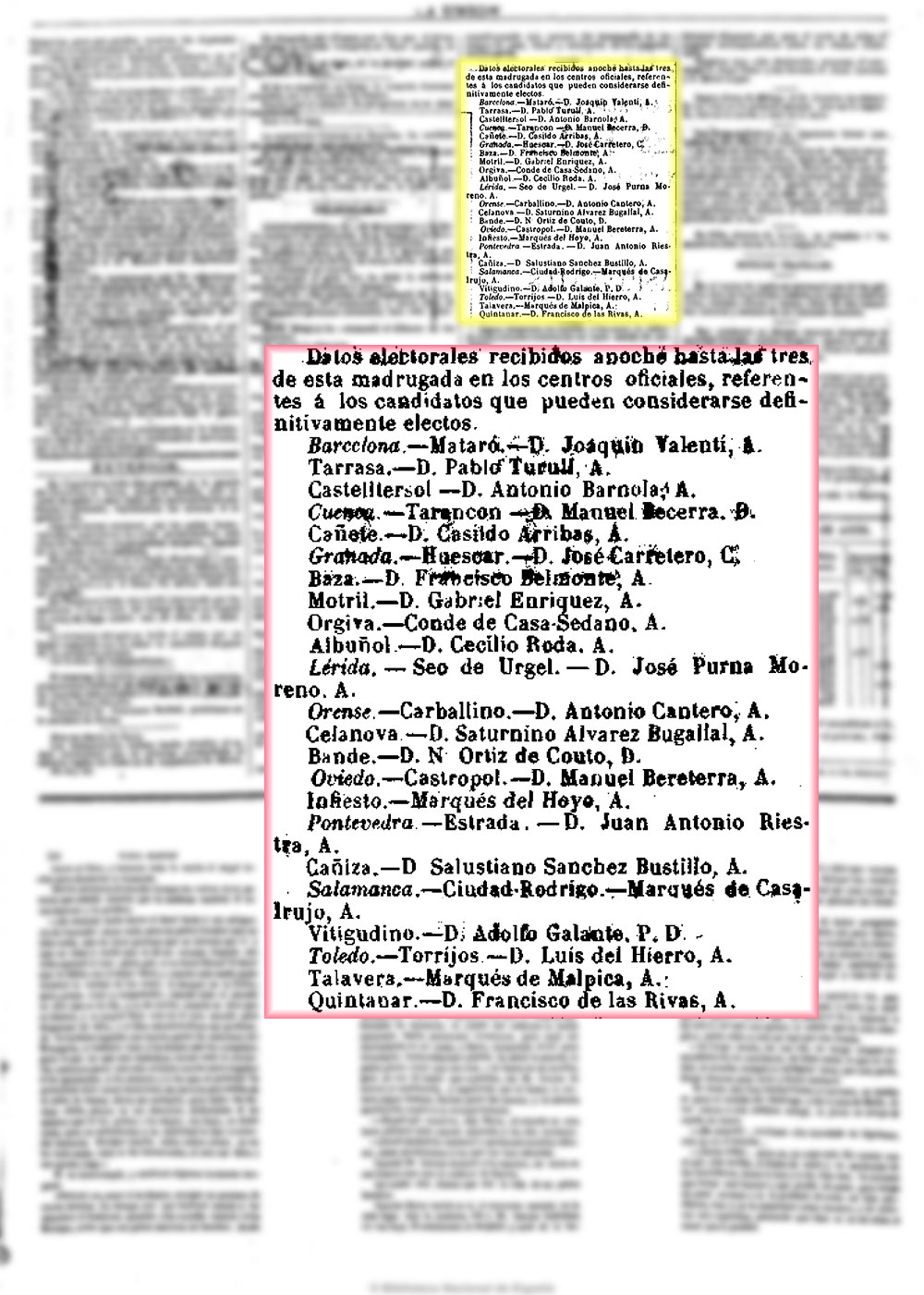 La Unión 25_4_1879, página 3, elegido diputado por Talavera de la Reina el marqués de Malpica.