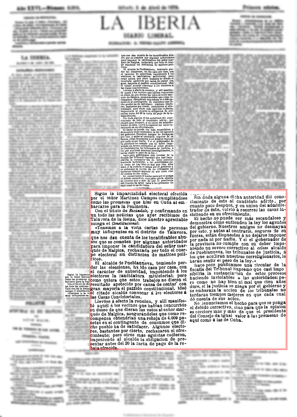 La Iberia 5/4/1879, página 1. Caciquismo en acción