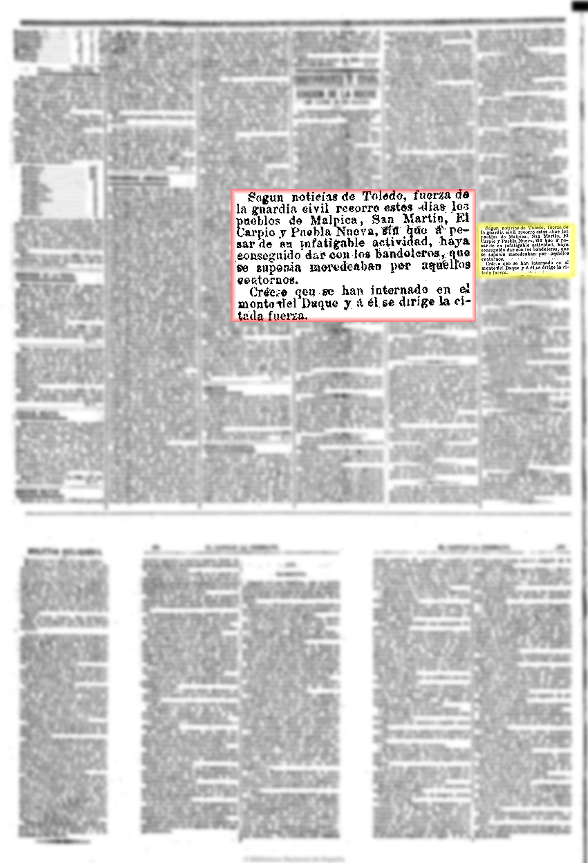 La Correspondencia de España 11/3/1880, n.º 8.023, página 2. Persiguiendo bandoleros en Pusa