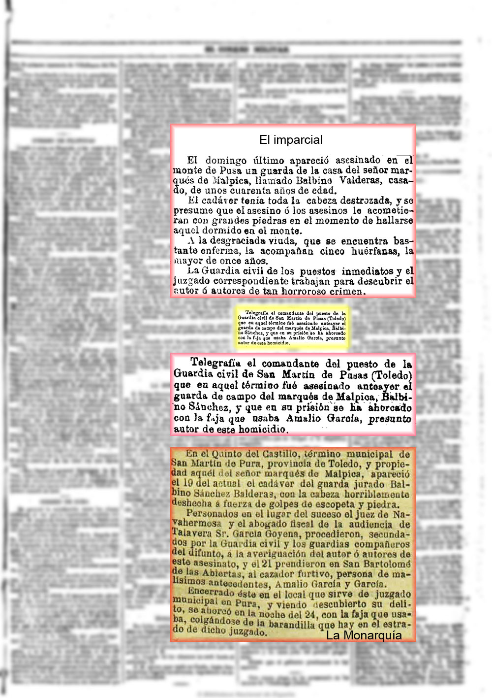 El Correo militar 28/5/1889, página 3, muerte de un guarda en Valdepusa
