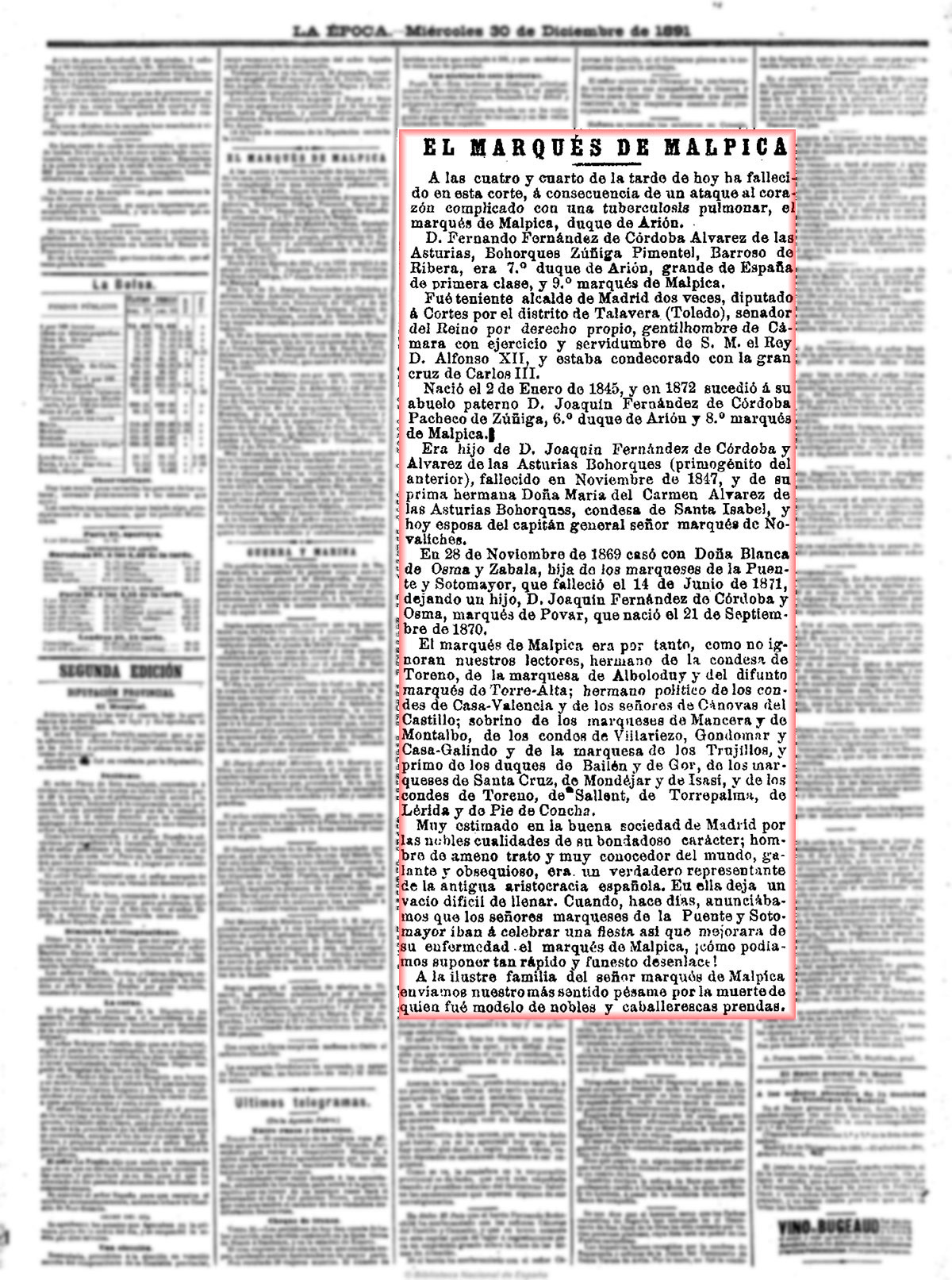 La Época 30/12/1891, n.º 14.126, página 3. Muerte del IX marqués de Malpica