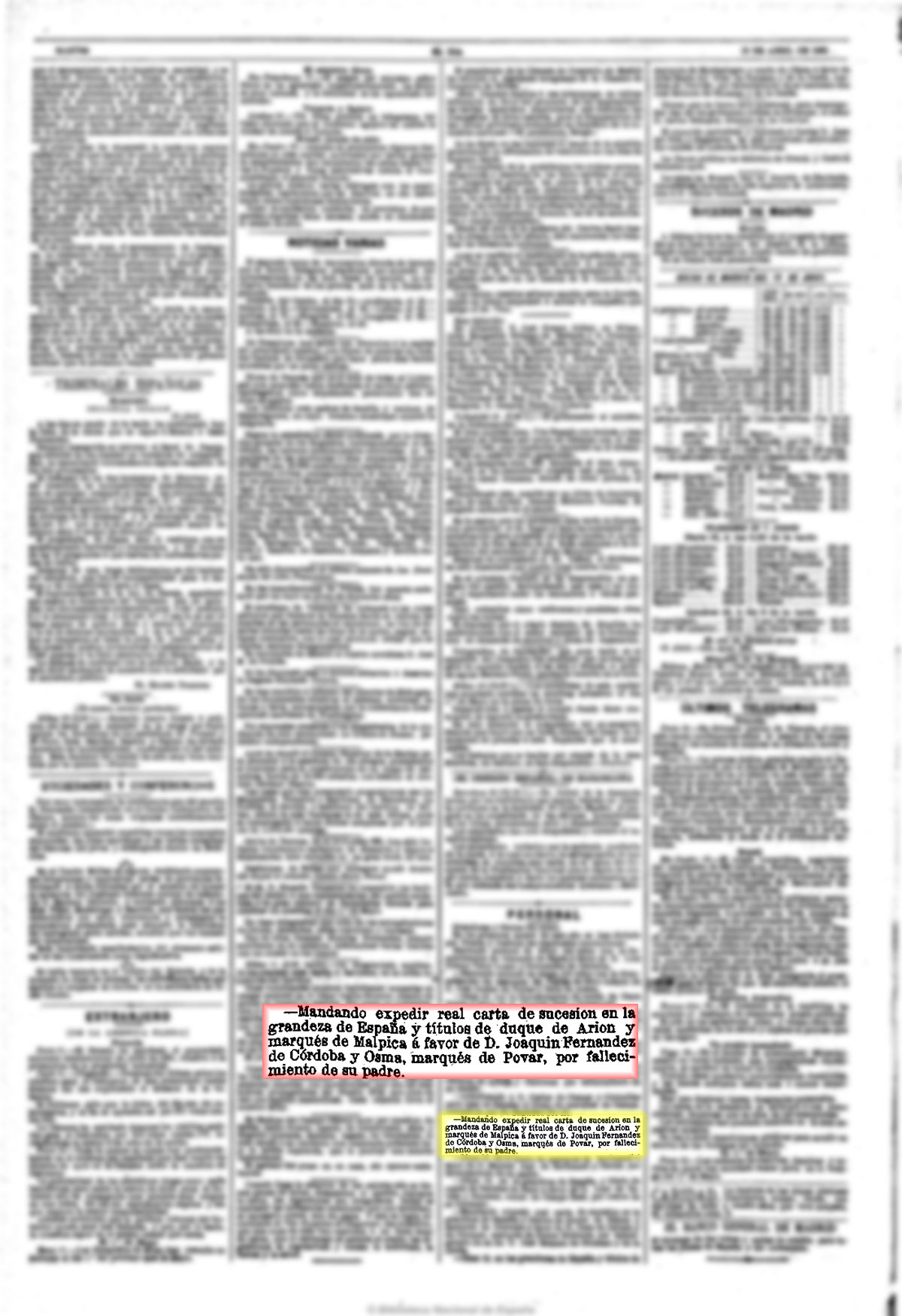 El Imparcial 13-4-1892, página 1. Nombrado sucesor del Marqués de Malpica