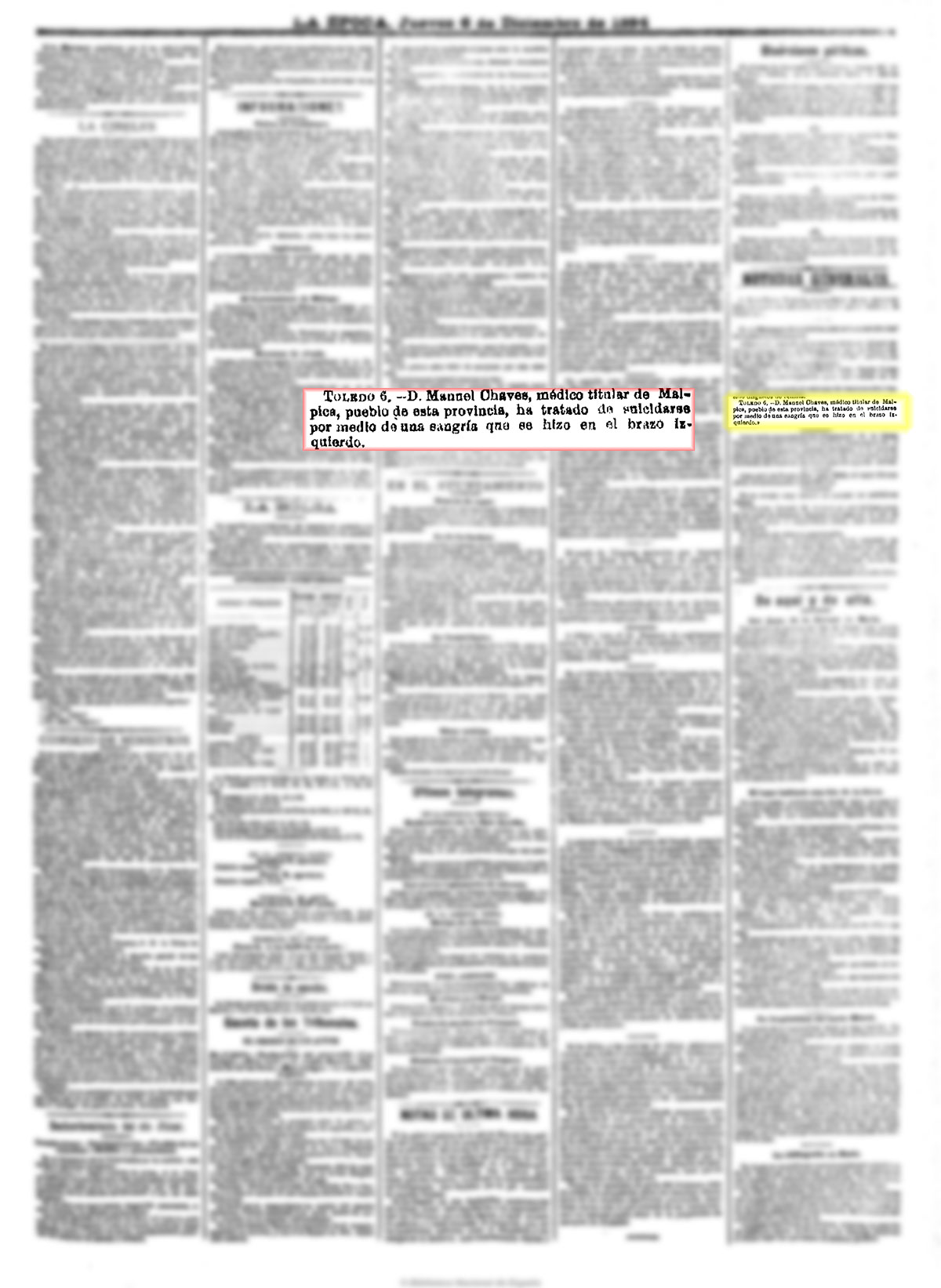 La Época 6-12-1894, n.º 16.002, página 3. Intento de suicidio del médico local
