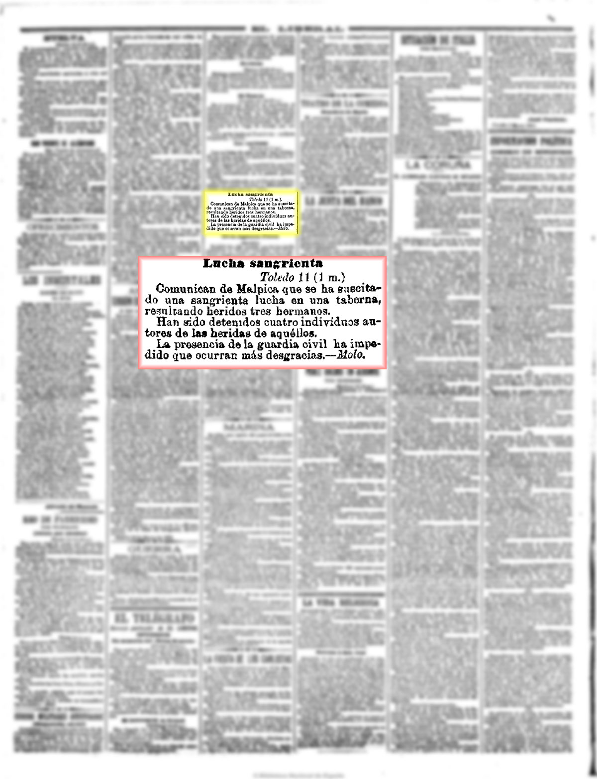 El Liberal 11-3-1896, página 2, lucha sangrienta en la taberna de Malpica