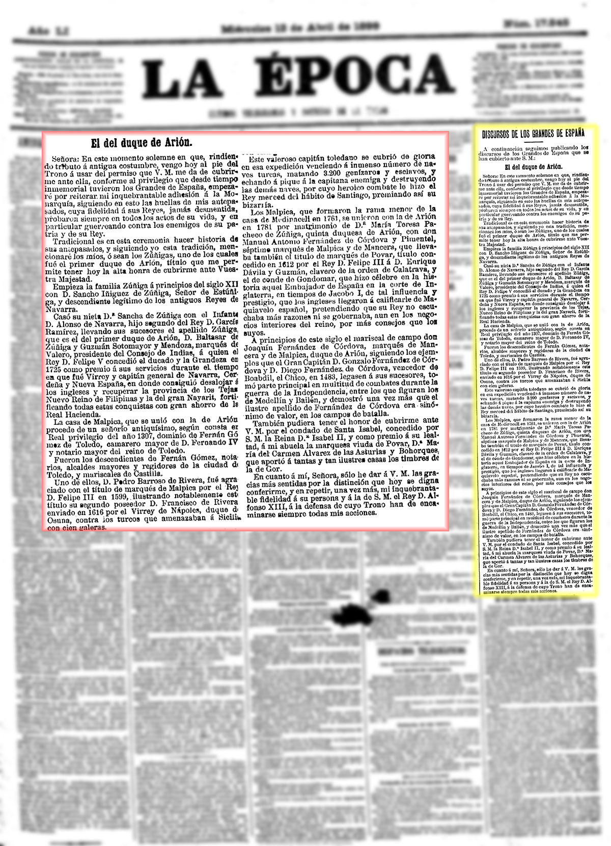 La Época 12-4-1899, n.º 17.545, página 1. Discurso del duque de Arión ante Alfonso XII