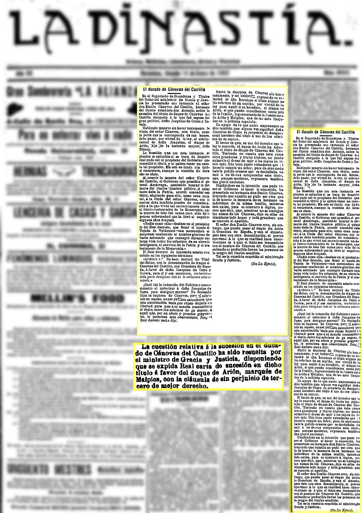 El Globo 29/1/1902, n.º 9.547. Sucesión en el título del ducado de Cánovas