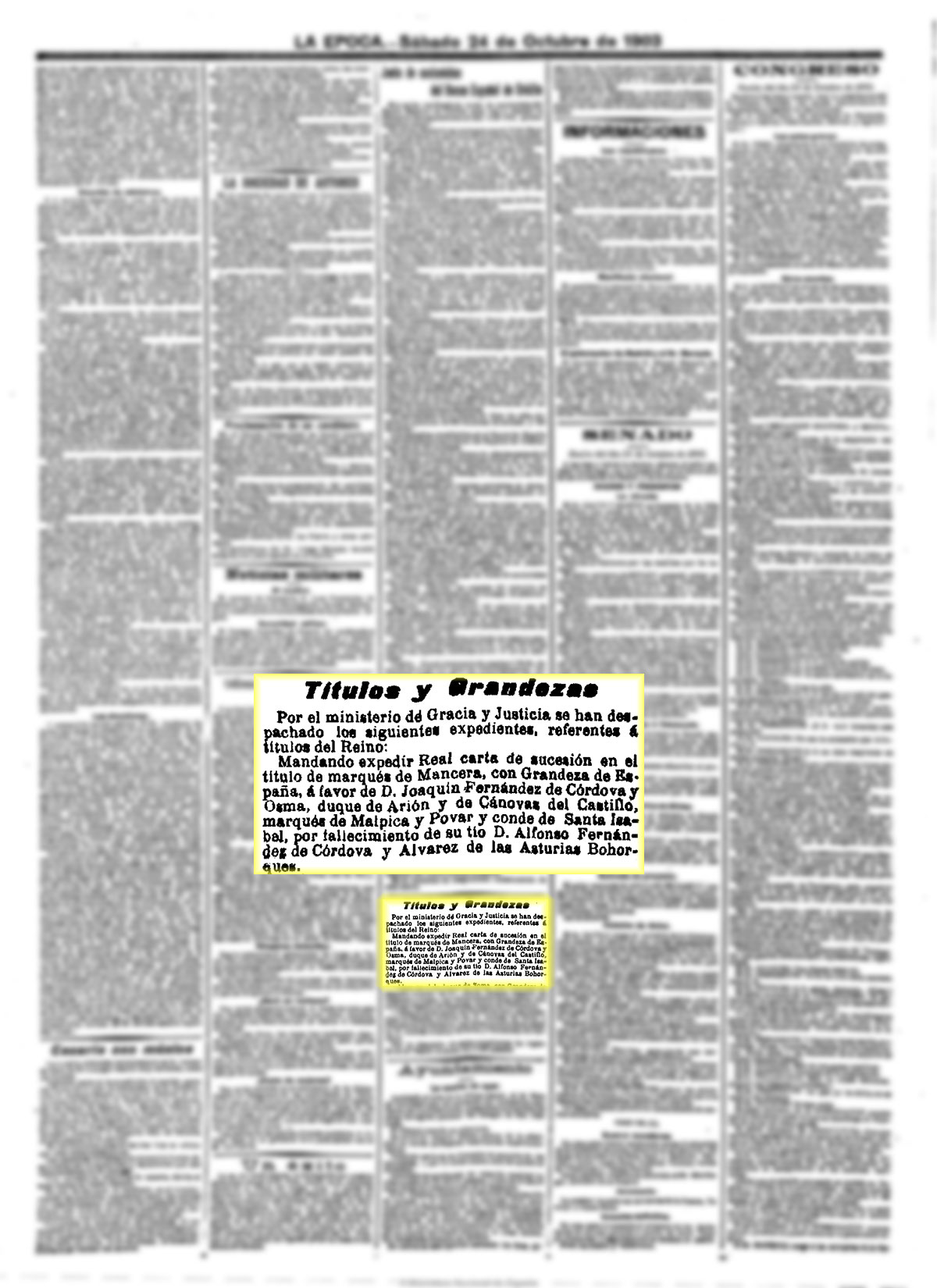 La Época  24-10-1903, n.º 19.171. Herencia del marquesado de Mancera
