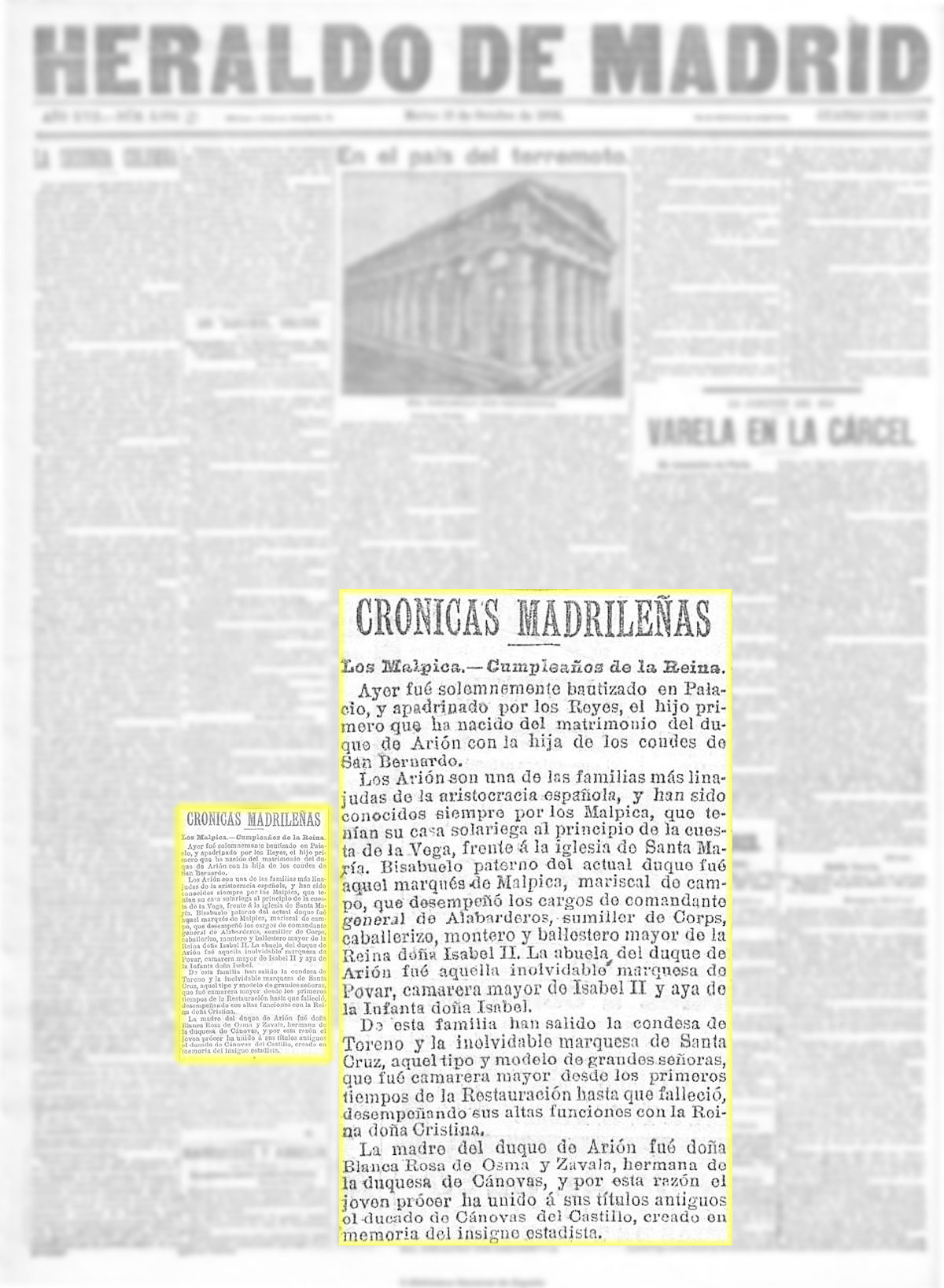 El Heraldo de Madrid 16-10-1906. Bautizo de D. Fernando Fernández de Córdoba y Mariátegui Marqués de Povar
